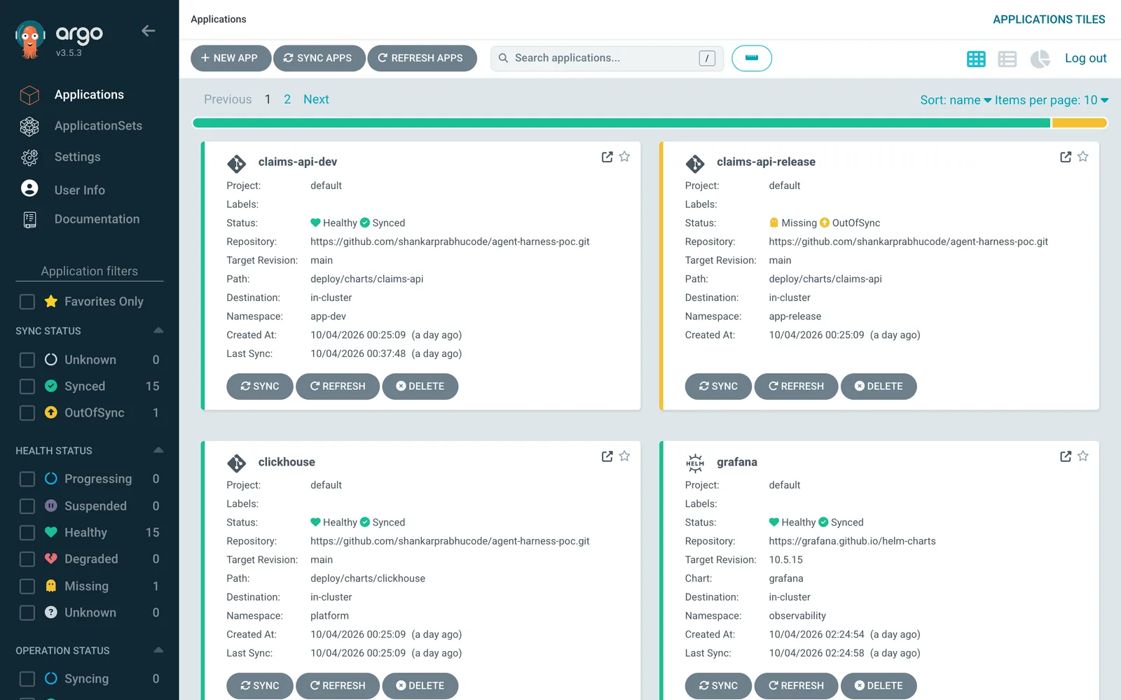 Argo CD applications view